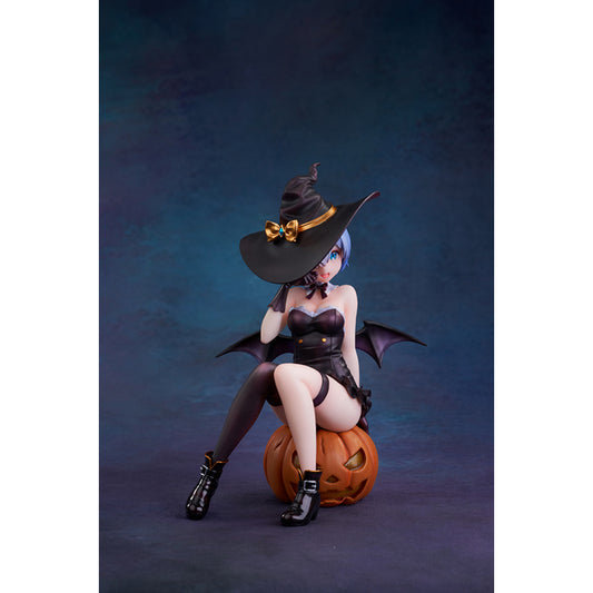 Re:Zero Rem Witch of the Phantom Night Ver. figure seated on a Jack-o’-lantern, wearing an elegant witch costume with detailed accessories.