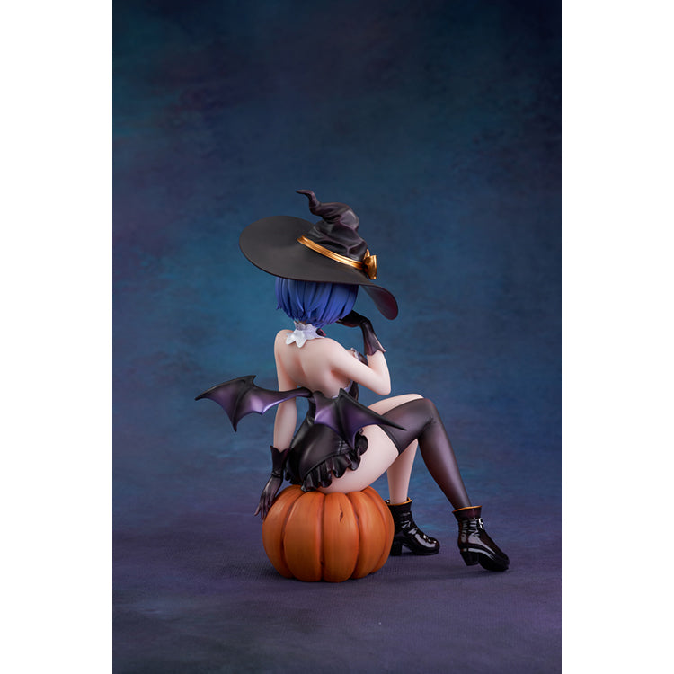 Re:Zero Rem Witch of the Phantom Night Ver. figure seated on a Jack-o’-lantern, wearing an elegant witch costume with detailed accessories.