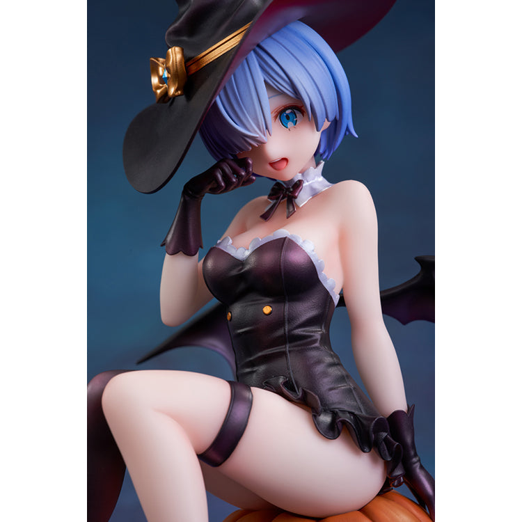 Re:Zero Rem Witch of the Phantom Night Ver. figure seated on a Jack-o’-lantern, wearing an elegant witch costume with detailed accessories.