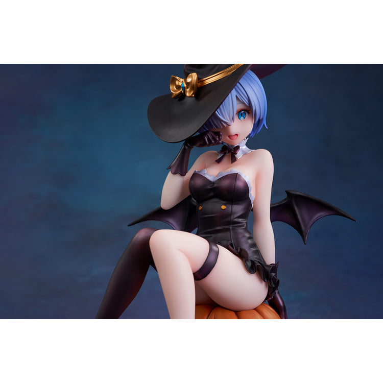 Re:Zero Rem Witch of the Phantom Night Ver. figure seated on a Jack-o’-lantern, wearing an elegant witch costume with detailed accessories.