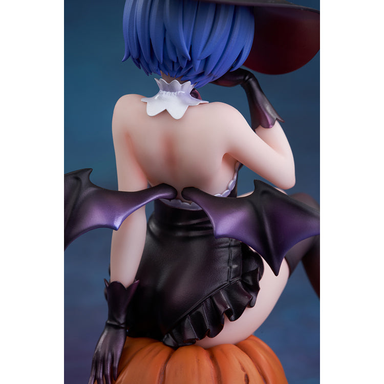 Re:Zero Rem Witch of the Phantom Night Ver. figure seated on a Jack-o’-lantern, wearing an elegant witch costume with detailed accessories.