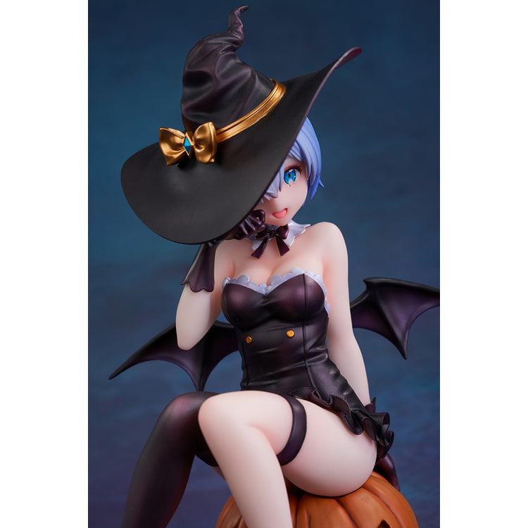 Re:Zero Rem Witch of the Phantom Night Ver. figure seated on a Jack-o’-lantern, wearing an elegant witch costume with detailed accessories.