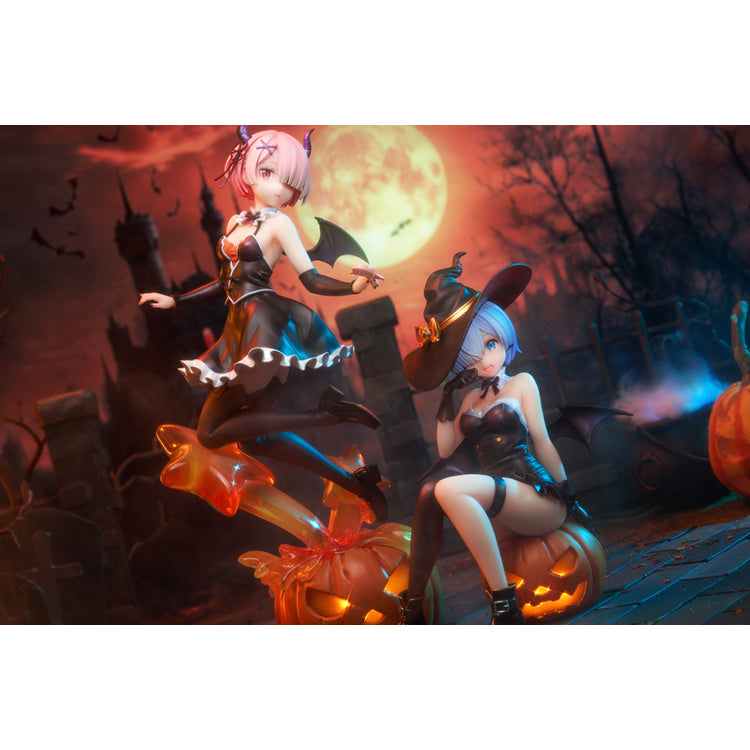 Re:Zero Rem Witch of the Phantom Night Ver. figure seated on a Jack-o’-lantern, wearing an elegant witch costume with detailed accessories.