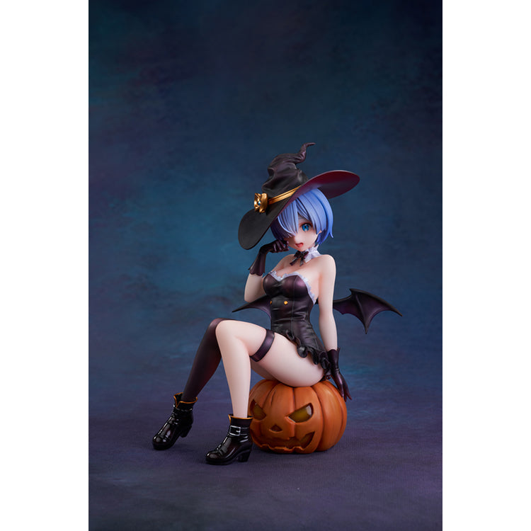 Re:Zero Rem Witch of the Phantom Night Ver. figure seated on a Jack-o’-lantern, wearing an elegant witch costume with detailed accessories.