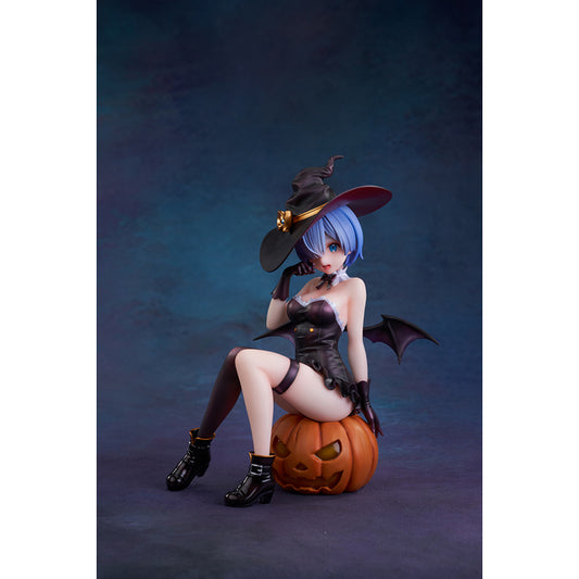 Re:Zero Rem Witch of the Phantom Night Ver. figure seated on a Jack-o’-lantern, wearing an elegant witch costume with detailed accessories.