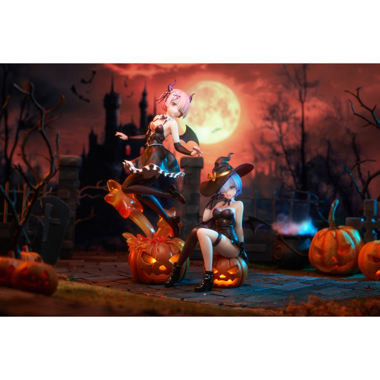 Re:Zero Rem Witch of the Phantom Night Ver. figure seated on a Jack-o’-lantern, wearing an elegant witch costume with detailed accessories.