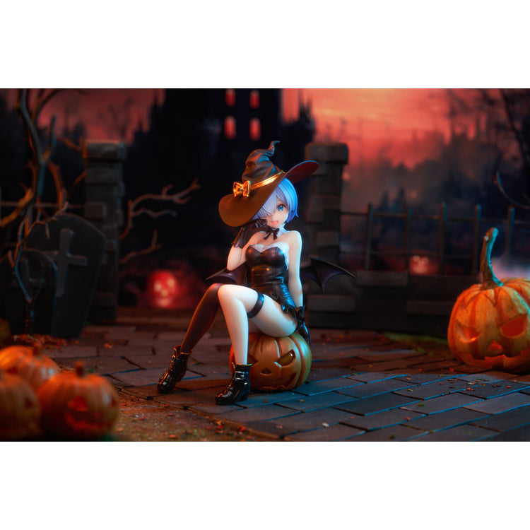 Re:Zero Rem Witch of the Phantom Night Ver. figure seated on a Jack-o’-lantern, wearing an elegant witch costume with detailed accessories.