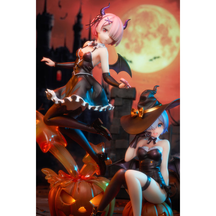 Re:Zero Rem Witch of the Phantom Night Ver. figure seated on a Jack-o’-lantern, wearing an elegant witch costume with detailed accessories.