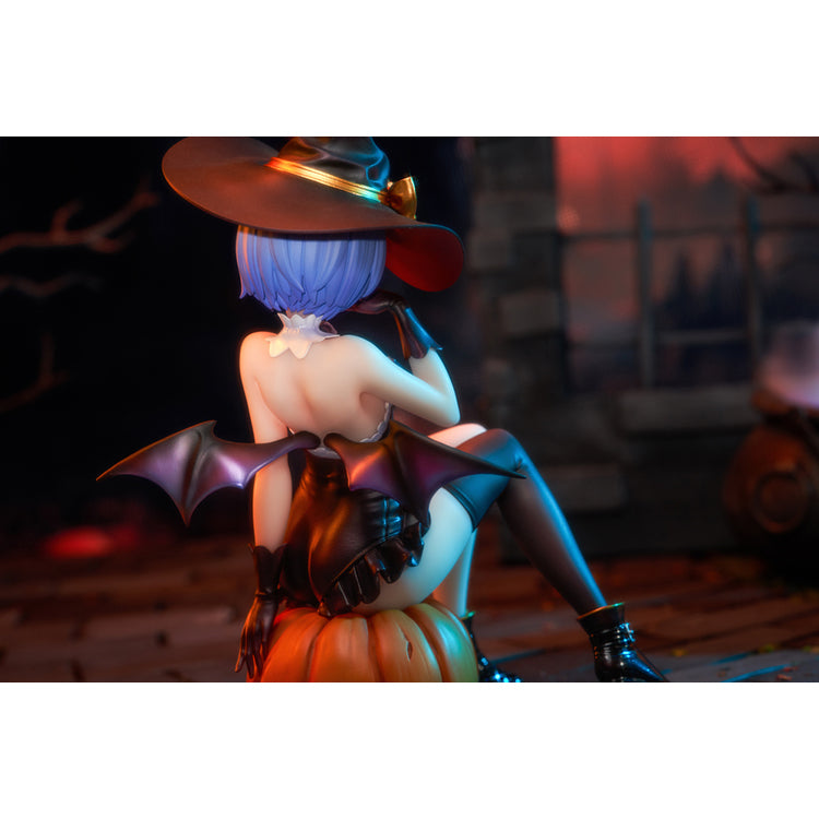 Re:Zero Rem Witch of the Phantom Night Ver. figure seated on a Jack-o’-lantern, wearing an elegant witch costume with detailed accessories.