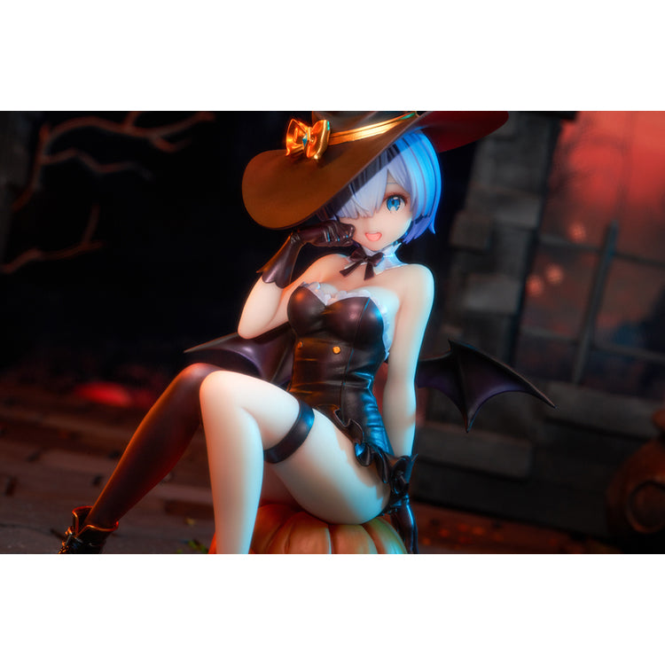 Re:Zero Rem Witch of the Phantom Night Ver. figure seated on a Jack-o’-lantern, wearing an elegant witch costume with detailed accessories.
