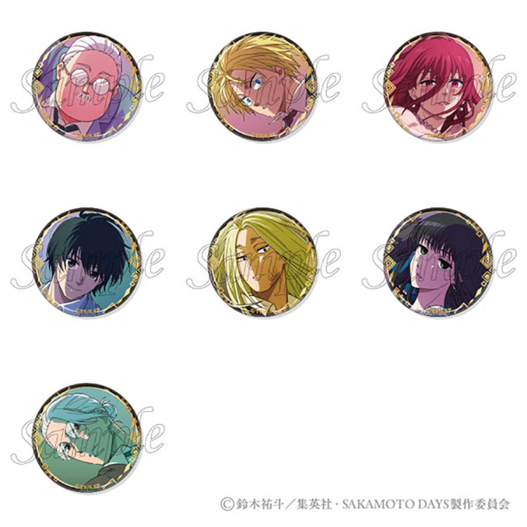 Sakamoto Days Party Mission Trading Foiled Tin Badge Box showing 7 packs and character designs with gold foil stamping