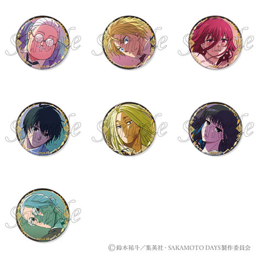 Sakamoto Days Party Mission Trading Foiled Tin Badge Box showing 7 packs and character designs with gold foil stamping