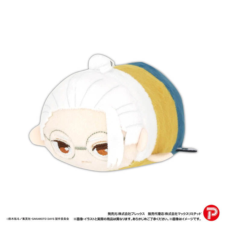 A full shot of a single Sakamoto Days Potekoro Mascot Vol. 2 plush of Taro Sakamoto, shown from the front-side angle. The plush is small, cylindrical, and stackable. The character has stylized white hair and embroidered green-tinted spectacles. Its body features a yellow and teal block pattern with white near the top. Copyright and brand logos are at the bottom.