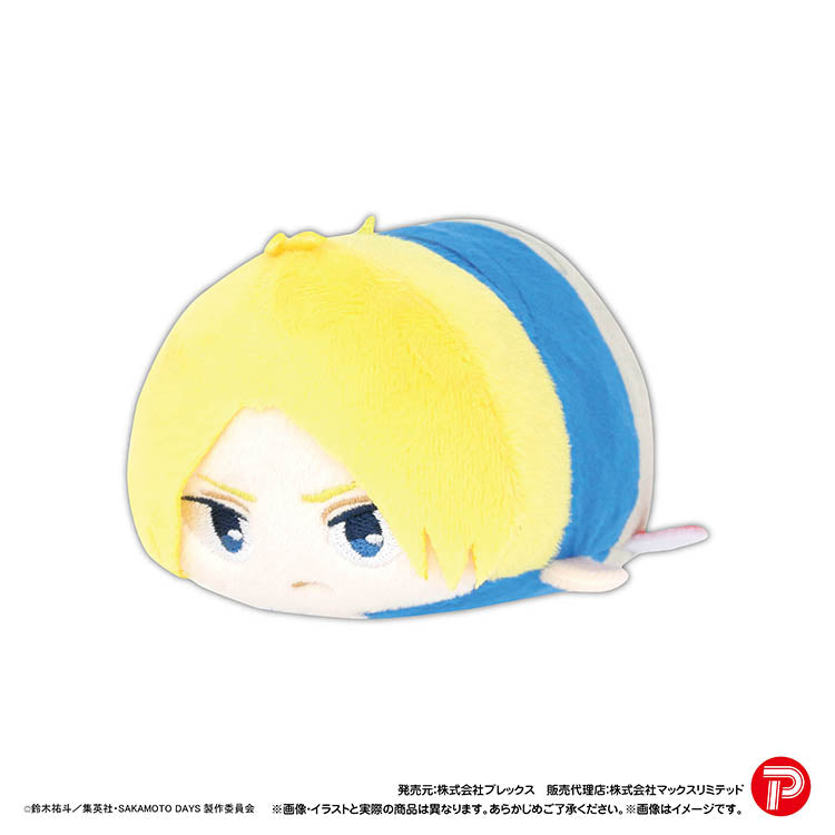 A frontal-side view of a single Sakamoto Days Potekoro Mascot Vol. 2 plush of Shin Asakura. The soft, bean-shaped plush is positioned on a plain background. The character has bright blond hair and embroidered blue eyes with a determined expression. The plush body is blue with a wide yellow stripe around the middle. Small details like ears stick out from the sides. Copyright and brand logos are at the bottom.