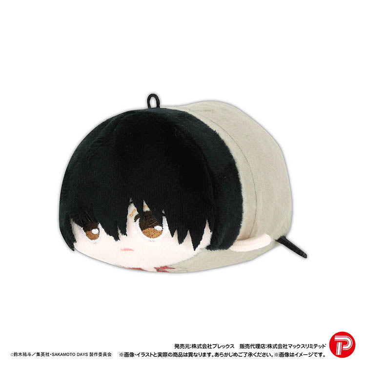 A view of a single Sakamoto Days Potekoro Mascot Vol. 2 plush of Nagumo, positioned on a white background. The character has stylized black hair, large embroidered brown eyes, and a small pink mouth. The plush body is predominantly grey with a black stripe on the end. There is a small loop on top for a keychain. Copyright and brand logos are at the bottom.