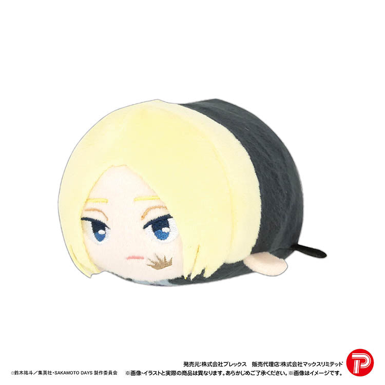 A front-side shot of a single Sakamoto Days Potekoro Mascot Vol. 2 plush of Shishiba. The character has blond hair, with a distinctive side-swept style and an undercut on the right side. His eyes are blue and narrow, and the plush body is blue on top, yellow in the middle, and blue on the bottom, with a white belly. Copyright and brand logos are at the bottom.