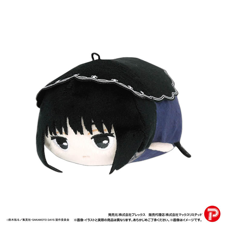 A front-side shot of a single Sakamoto Days Potekoro Mascot Vol. 2 plush of Osaragi. The character has blond hair, with a distinctive side-swept style and an undercut on the right side. His eyes are blue and narrow, and the plush body is blue on top, yellow in the middle, and blue on the bottom, with a white belly. Copyright and brand logos are at the bottom.