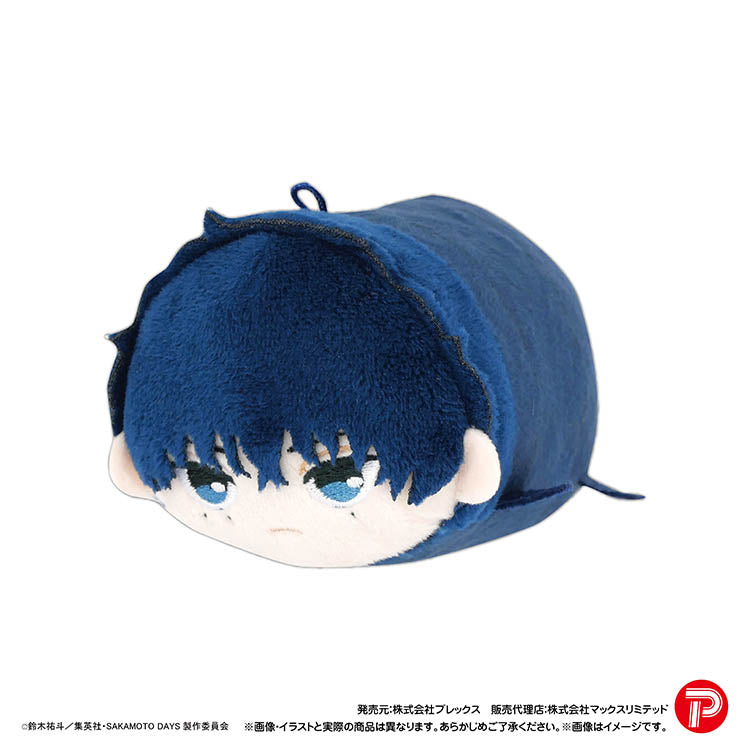 A front-side shot of a single Sakamoto Days Potekoro Mascot Vol. 2 plush of Natsuki Seba. The character has blond hair, with a distinctive side-swept style and an undercut on the right side. His eyes are blue and narrow, and the plush body is blue on top, yellow in the middle, and blue on the bottom, with a white belly. Copyright and brand logos are at the bottom.