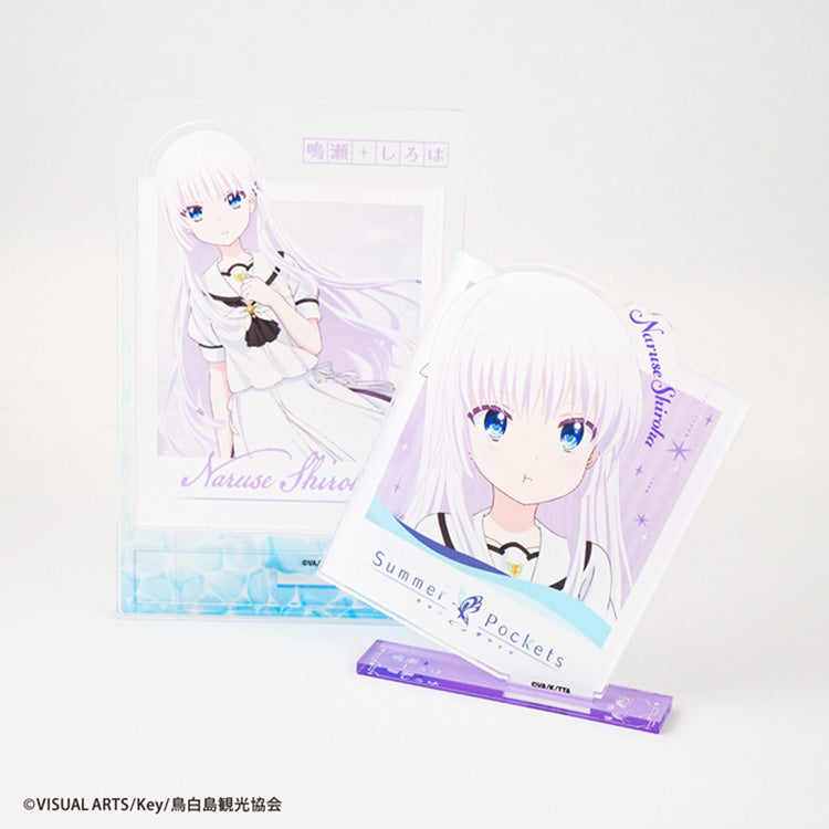 Summer Pockets photo-style acrylic stand featuring anime character in large photo card frame design, displayed upright on a base