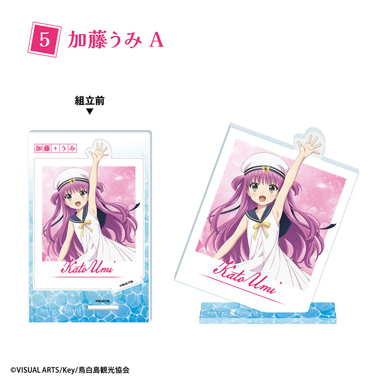 Summer Pockets photo-style acrylic stand featuring anime character in large photo card frame design, displayed upright on a base