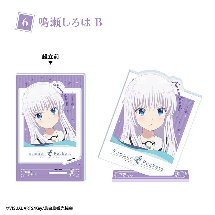 Summer Pockets photo-style acrylic stand featuring anime character in large photo card frame design, displayed upright on a base
