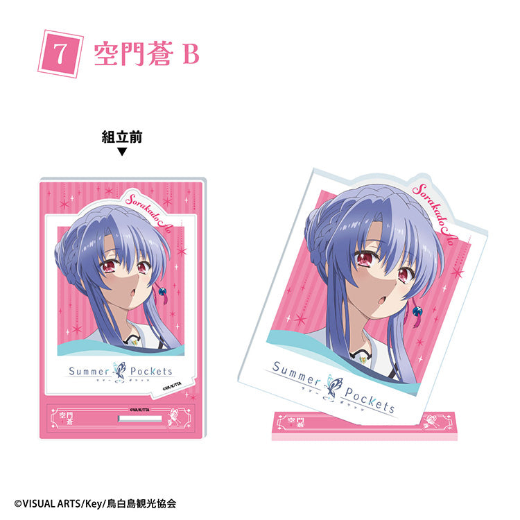 Summer Pockets photo-style acrylic stand featuring anime character in large photo card frame design, displayed upright on a base