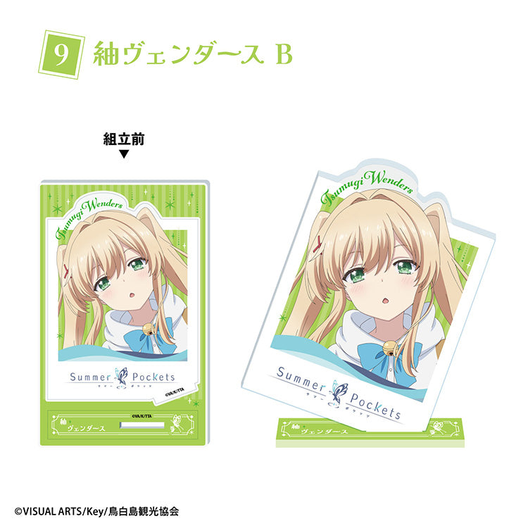 Summer Pockets photo-style acrylic stand featuring anime character in large photo card frame design, displayed upright on a base