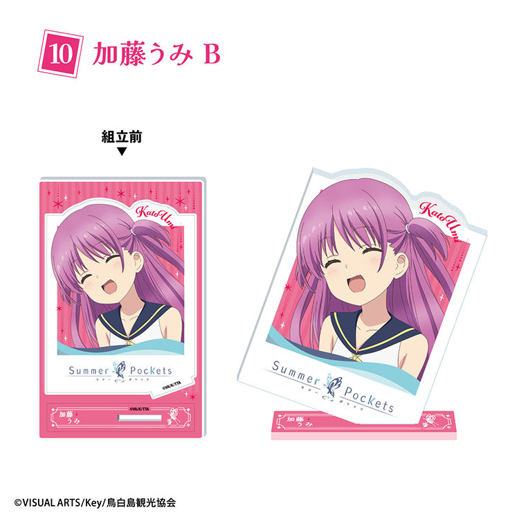 Summer Pockets photo-style acrylic stand featuring anime character in large photo card frame design, displayed upright on a base