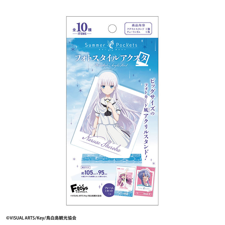 Summer Pockets photo-style acrylic stand featuring anime character in large photo card frame design, displayed upright on a base