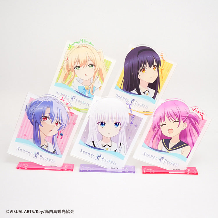Summer Pockets photo-style acrylic stand featuring anime character in large photo card frame design, displayed upright on a base