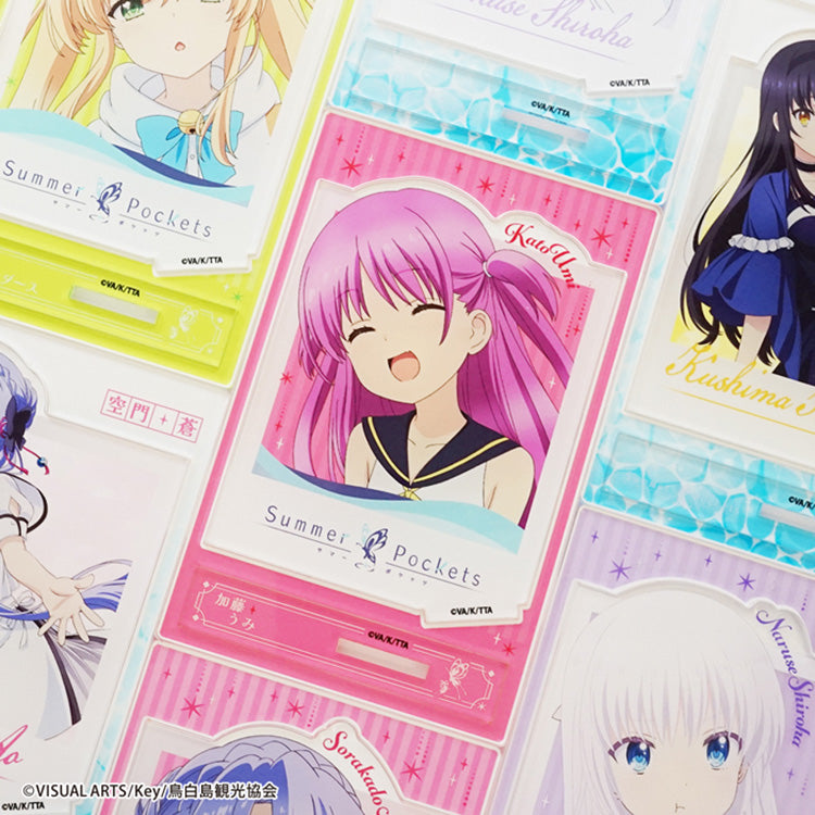 Summer Pockets photo-style acrylic stand featuring anime character in large photo card frame design, displayed upright on a base