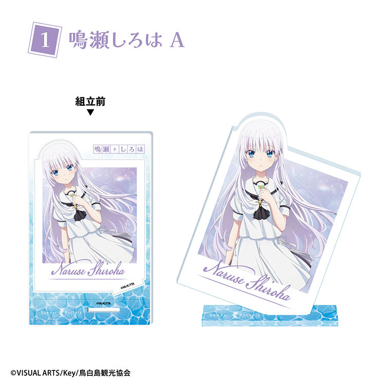 Summer Pockets photo-style acrylic stand featuring anime character in large photo card frame design, displayed upright on a base