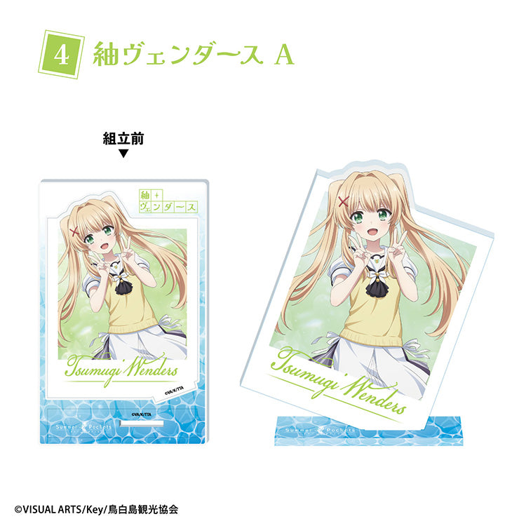 Summer Pockets photo-style acrylic stand featuring anime character in large photo card frame design, displayed upright on a base