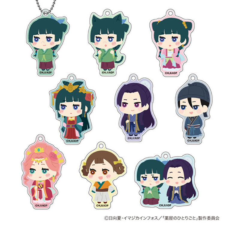 The Apothecary Diaries Mofumofu Acrylic Keychain 9-piece box set featuring soft, fluffy-style character illustrations including Maomao and Jinshi.