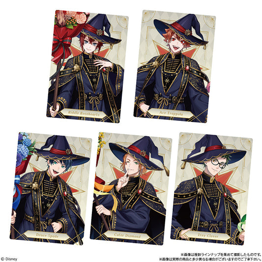Twisted-Wonderland Twin Wafer 7 Heartslabyul hologram cards with Riddle, Ace, Deuce, Cater, and Trey in witch robes.
