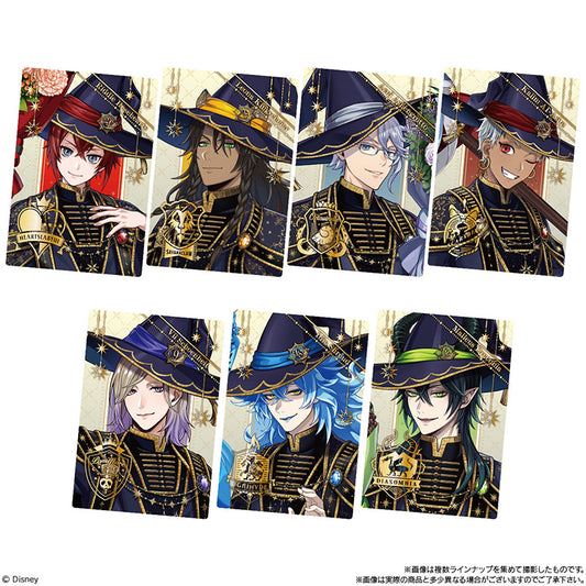 Holographic Disney Twisted-Wonderland Twin Wafer 7 trading cards featuring Night Raven College dorm leaders in wizard attire.
