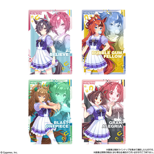 Uma Musume Pretty Derby Twin Wafer 9R metallic cards featuring Believe, Bubble Gum Fellow, Blast Onepiece, and Gran Alegria.