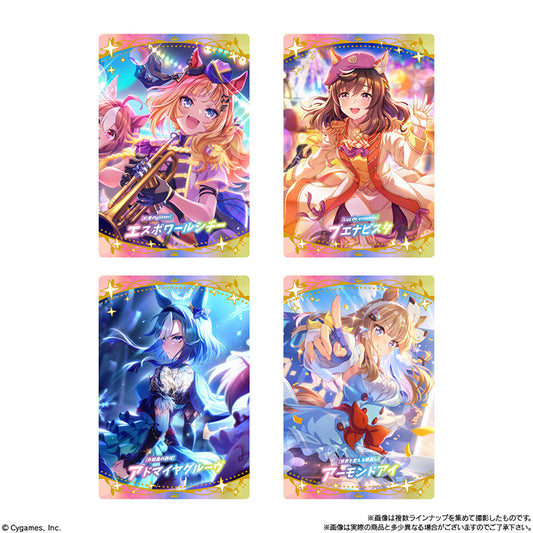 Four Uma Musume Pretty Derby Twin Wafer 9R metallic cards including SSR Support and Victory Outfit character tiers.