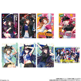 Uma Musume Pretty Derby Twin Wafer 9R metallic cards featuring holographic anime character art in sporty outfits.