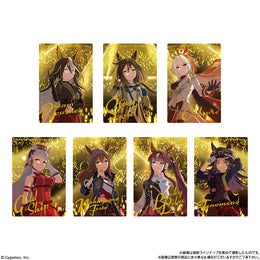 Uma Musume Pretty Derby Twin Wafer 9R collectible metallic cards featuring characters with gold foil-stamping.