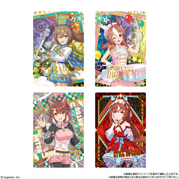 Uma Musume Pretty Derby Twin Wafer 9R metallic cards featuring Smart Falcon, Copano Rickey, and Still in Love.