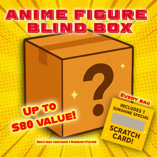 Anime figure blind box with a question mark on a yellow background