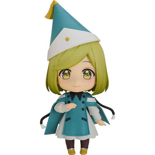 Coco Nendoroid from Witch Hat Atelier, front view in teal pointed hat and cape with a gentle smile on white background
