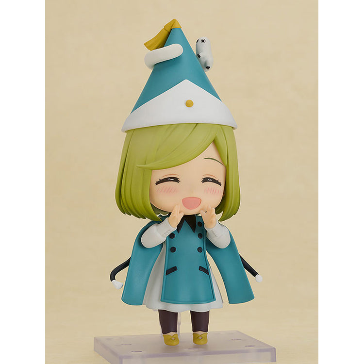 Coco Nendoroid, Witch Hat Atelier, front view with laughing face, hands on cheeks and a small white creature on her hat